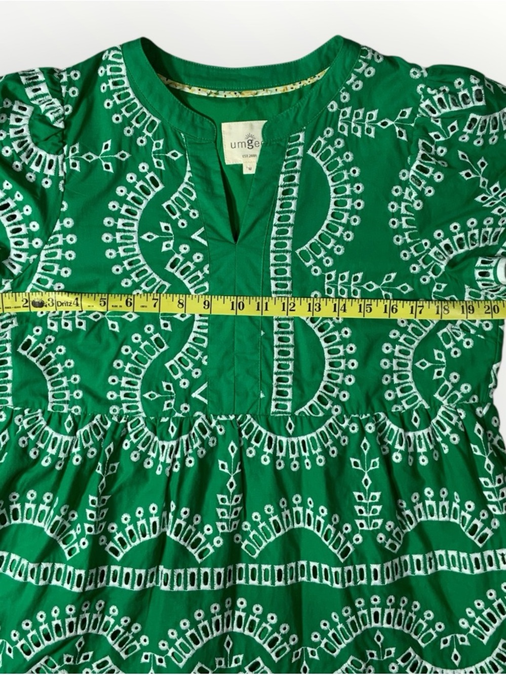Umgee A Line Tiered Green & White Embroidered Eyelet Boho Dress Sz Medium #259 - Picture 3 of 5